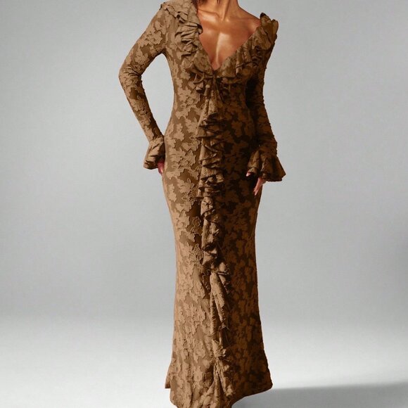 Brown Party Women's Long Sleeve Ruffle Maxi Dress - Picture 1 of 5